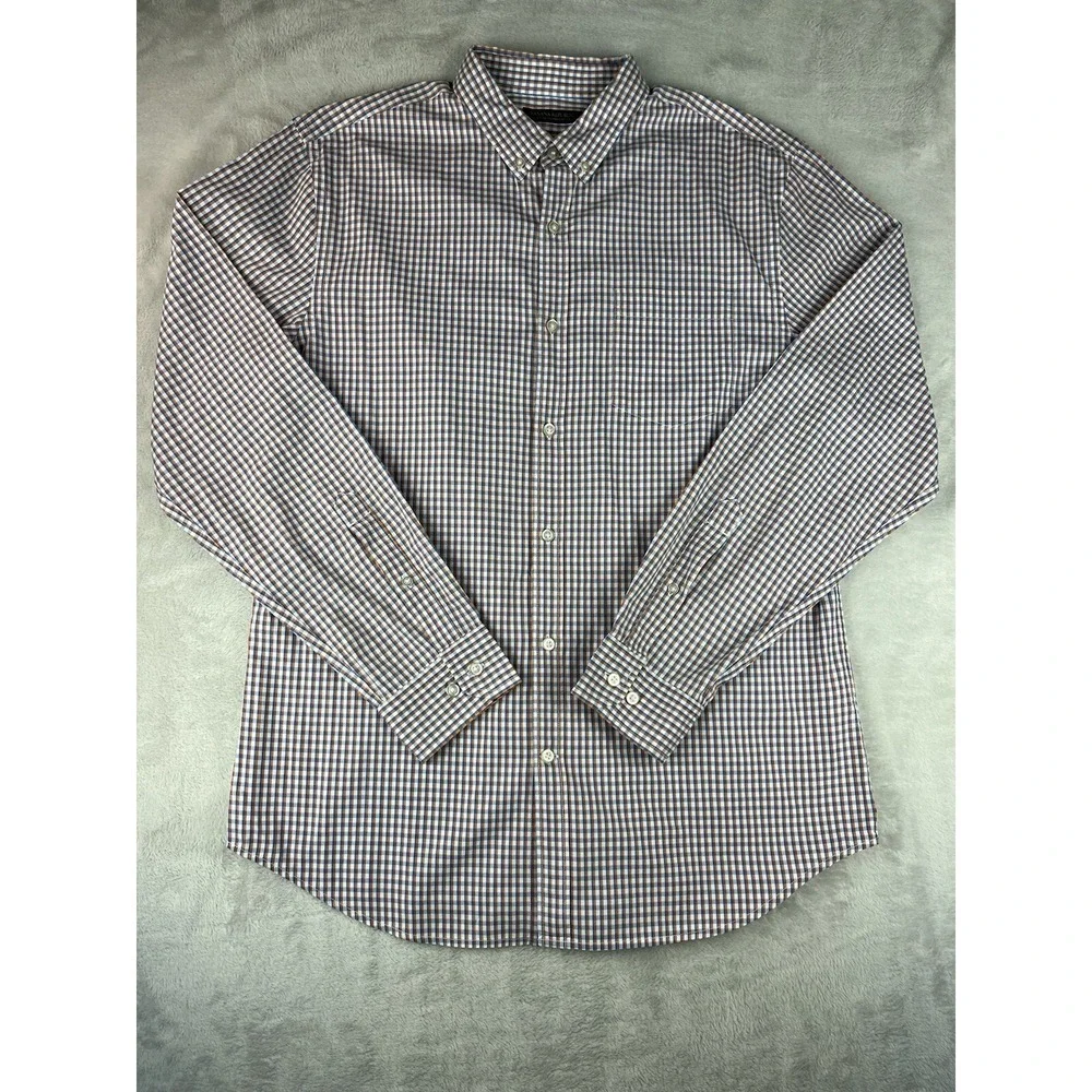 BANANA REPUBLIC Shirt Men Large Check Gingham Grant Fit Stretch Pinpoint Oxford